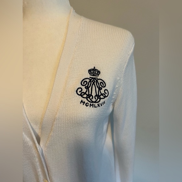 Ralph Lauren Sport Knit Cardigan Sweater White with Navy Monogram size M - Picture 3 of 11